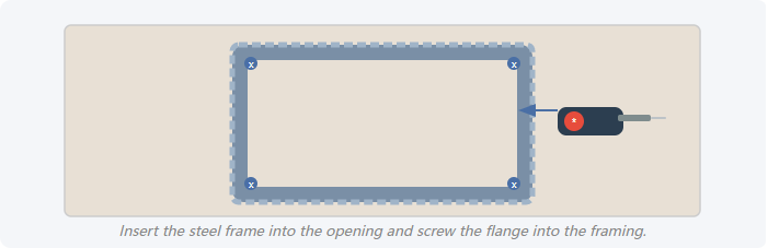 x x x x * Insert the steel frame into the opening and screw the flange into the framing.